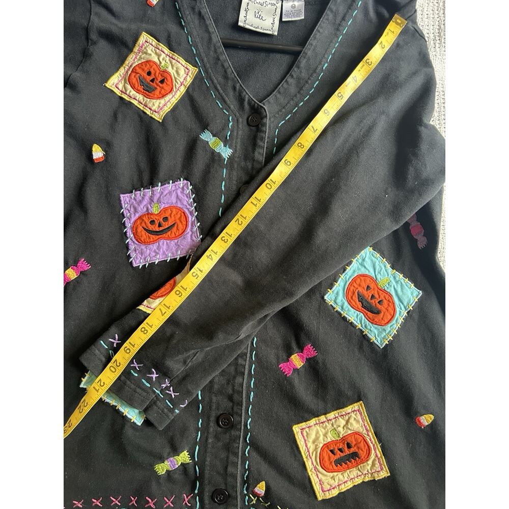 Vintage Michael Simon Lite Halloween Pumpkin Candy Patchwork Cardigan Sweater M - Picture 8 of 8